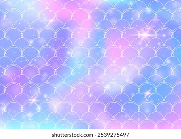 Fondo de escamas de arco iris con patrón de princesa sirena kawaii. Anuncio de cola de pez con destellos mágicos y estrellas. Invitación de fantasía marina para fiesta de chicas. Fondo vibrante con escamas de arco iris.