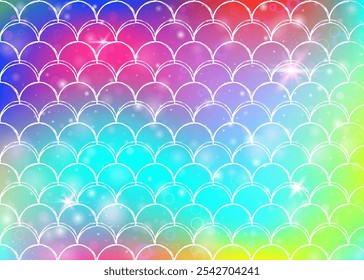 Fondo de escamas de arco iris con patrón de princesa sirena kawaii. Anuncio de cola de pez con destellos mágicos y estrellas. Invitación de fantasía marina para fiesta de chicas. Fondo creativo con escamas de arco iris.