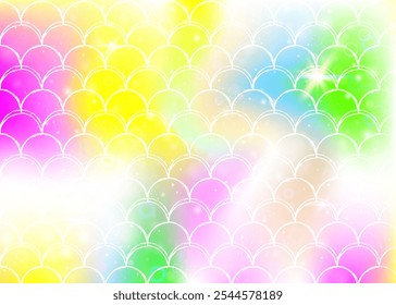 Rainbow scales background with kawaii mermaid princess pattern. Fish tail banner with magic sparkles and stars. Sea fantasy invitation for girlie party. Trendy backdrop with rainbow scales.