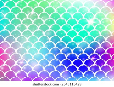 Rainbow scales background with kawaii mermaid princess pattern. Fish tail banner with magic sparkles and stars. Sea fantasy invitation for girlie party. Fluorescent backdrop with rainbow scales.