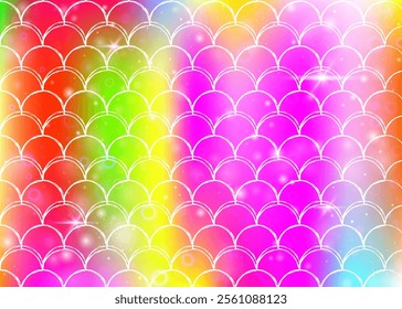 Rainbow scales background with kawaii mermaid princess pattern.