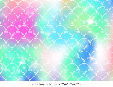 Rainbow scales background with kawaii mermaid princess pattern.