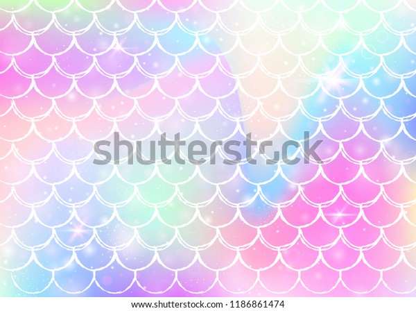 かわいい人魚のお姫様の柄の背景に虹の鱗 魔法のきらめきと星を持つ魚の尾のバナー ガーリーパーティーへのシーファンタジーの招待 虹 のスケールを使用した多彩色の背景 のベクター画像素材 ロイヤリティフリー