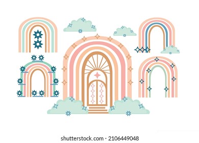 Rainbow Scandinavian, a set of color drawings, with stars, clouds, patterns, on a white background, for design and print