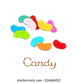 Rainbow scattered jelly bean candies isolated on white background