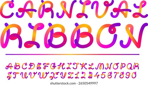 Letra da linha do script do arco-íris e alfabeto da tipografia numérica. Cursiva de cor do gradiente do logotipo do monograma vetorial. Faixa 3d bloco de tinta vívido moderno. Dobrar tubos flexíveis cruzados, curvas redondas linhas em loop