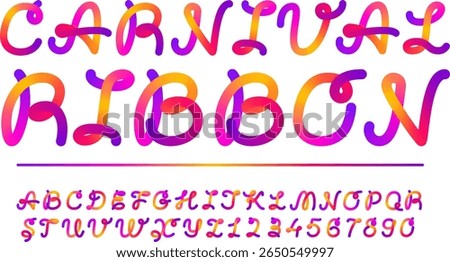 Rainbow script line font and number typography alphabet. Vector monogram logo gradient color cursive. Ribbon 3d vivid modern paint block. Fold flexible intersected tubes, round curved looped lines