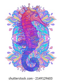 Rainbow seahorse, decorative clorful vector illustration over ornate mandala isolated on white. Color tattoo design.