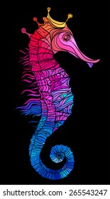 Rainbow seahorse, decorative geometric vector illustration isolated on black 