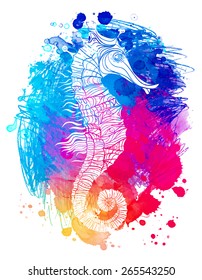 Rainbow seahorse, decorative geometric vector illustration over vivid watercolor texture 