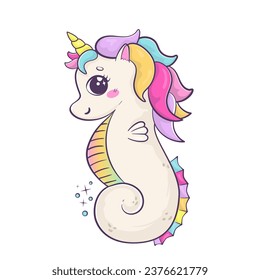 caballito de mar arco iris con cuerno de unicornio. Caricatura divertida del personaje kawaii aislado de fondo blanco 