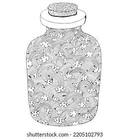 The Rainbow Is Sealed In A Bottle. Marinade With Rainbow Flavor.  Emotions In The Jar. Black Illustration.