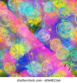 Rainbow seamless background with circles and stripes. Colorful abstract vector design for fabric, wrapping