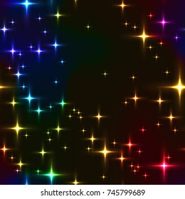 rainbow seamless background with shining stars. Simple seamless pattern with lot of stars on night sky. Midnight sky full of stars with milky-way in spectrum colors.