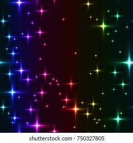 rainbow seamless background with shining stars. Simple seamless pattern with lot of stars on night sky. Midnight sky full of stars with milky-way in spectrum colors.