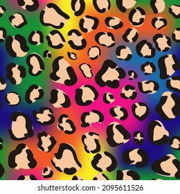 Rainbow seamless neon leopard print. Psychedelic tropical wallpaper design. Pride lgbt gradient background. 