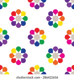 Rainbow seamless pattern of abstract flowers. Simple background. Round motif isolated on white.