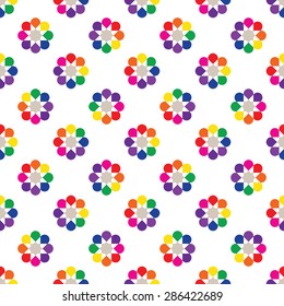 Rainbow seamless pattern of abstract flowers. Simple background. Round motif isolated on white.