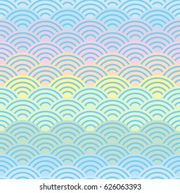 rainbow seamless pattern abstract scales simple Spring Nature background with japanese wave circle pattern purple pink yellow blue green pastel colors light background. Vector illustration