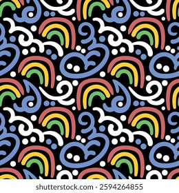 Rainbow seamless pattern with blue sky doodle in black background.