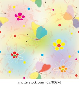Rainbow seamless pattern with butterflies, flowers and blots