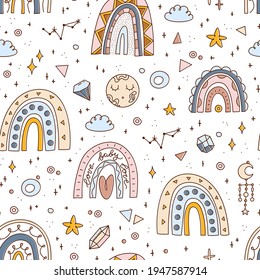 Rainbow seamless pattern, cartoon clipart for kids, cute weather conditions and elements,  nursery room decor, neutral color illustration isolated on white background. Vector