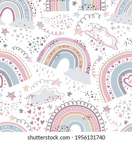 Rainbow seamless pattern. Cartoon rainbows with clouds, hearts and stars in pastel colors for kids textile, wallpaper Vector texture. Minimalistic design for children room decoration