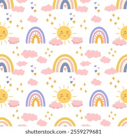 Rainbow seamless pattern with clouds and sun. Cute background for kids in pastel colors. Sky theme for nursery, fabric, wallpaper. Vector design