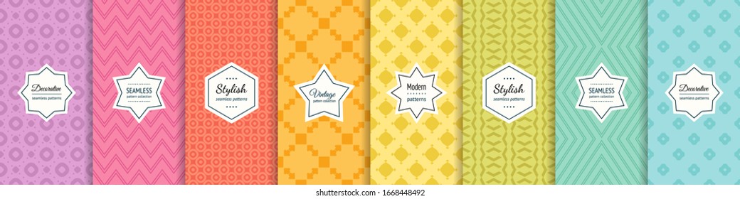 Colección de patrones sin fisuras del arco iris. Conjunto de simples muestras de fondo geométrico vectorial con elegantes etiquetas mínimas. Texturas abstractas modernas. Diseño elegante para niños, niñas y niños, decoración