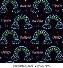 Rainbow seamless pattern. Colorful rainbow in doodle style for wrapping paper, textile, wallpaper, prints, fabric