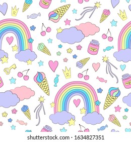 Rainbow seamless pattern cute design. Repeat background. Pastel colors. Unicorn sweet world. Stars, hearts, clouds. Cherry, ice cream, candy, jam jar. Magic wand. Hand drawn objects. Girl child print.