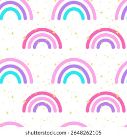 Rainbow seamless pattern. Cute geometric rainbows and stars decorative background