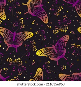 Rainbow seamless pattern with elements stars, butterflies and leaves. Trendy texture for print, textile, packaging.