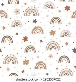 Rainbow seamless pattern with flowers.