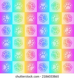 Patrón sin fisuras del arcoiris. Fondo holográfico de la pata. Gradiente de neón abstracto para las impresiones de diseño. Marca repetida textura de perro o gato. Repetir el patrón de diversión iridiscente. Comprobar papel tapiz. Ilustración del vector