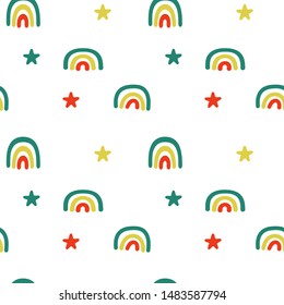 Rainbow seamless pattern. Kids pattern with rainbow and stars in doodle style. Delicate cute pastel colors. For clothes, textiles, fabrics. Vector illustration on a white background.