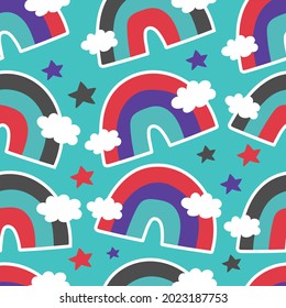 Rainbow seamless pattern. Multicolored cartoon rainbow, clouds and stars on a blue background. Vector flat background.