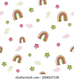 rainbow seamless pattern on a white background.  rainbow and stars in cartoon style vector illustration