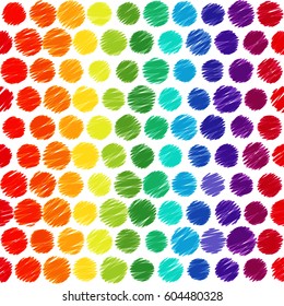 Rainbow seamless pattern on white background. Vertical stripes from colorful circulars. Optimistic cheerful pattern. Marker vector stroke  made in blending modes technique. 