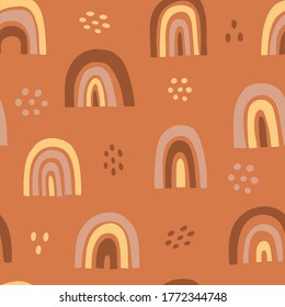 Rainbow seamless pattern in pastel colors, hand drawn modern shapes in doodle style for boys and girls. Vector illustration in flat cartoon style on orange background. 