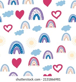 Rainbow seamless pattern in pastel colors. Scandinavian baby hand drawn illustration perfect for textiles and newborn clothes.