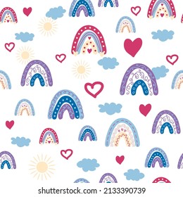 Rainbow seamless pattern in pastel colors. Scandinavian baby hand drawn illustration perfect for textiles and newborn clothes.