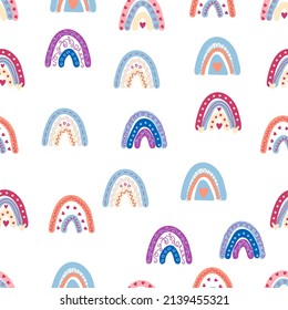 Rainbow seamless pattern in pastel colors. Scandinavian baby hand drawn illustration perfect for textiles and newborn clothes.