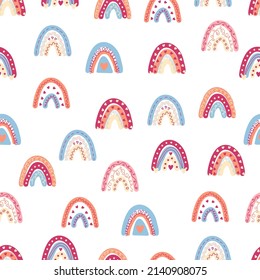 Rainbow seamless pattern in pastel colors. Scandinavian baby hand drawn illustration perfect for textiles and newborn clothes.