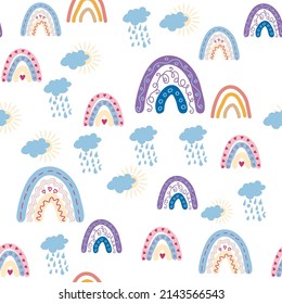 Patrón transparente arcoiris en colores pastel. Ilustración escandinava hecha a mano para bebés perfecta para textiles y prendas de vestir para recién nacidos.