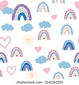Rainbow seamless pattern in pastel colors. Scandinavian baby hand drawn illustration perfect for textiles and newborn clothes.