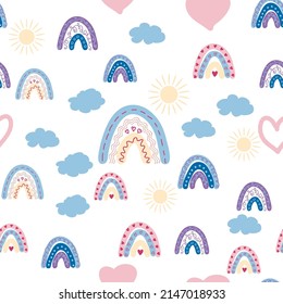 Rainbow seamless pattern in pastel colors. Scandinavian baby hand drawn illustration perfect for textiles and newborn clothes.