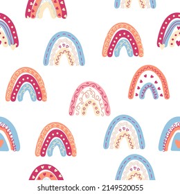 Rainbow seamless pattern in pastel colors. Scandinavian baby hand drawn illustration perfect for textiles and newborn clothes.