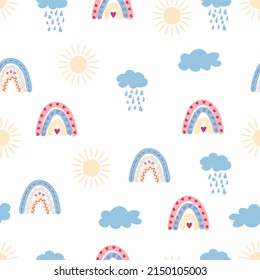 Rainbow seamless pattern in pastel colors. Scandinavian baby hand drawn illustration perfect for textiles and newborn clothes.