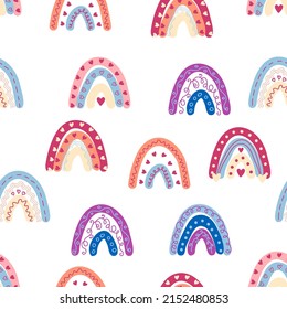 Rainbow seamless pattern in pastel colors. Scandinavian baby hand drawn illustration perfect for textiles and newborn clothes.